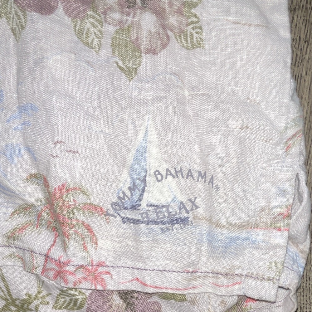Tommy Bahama Relax Mens L Linen Shirt White Flamingo Tropical Floral Hawaiian - Picture 4 of 5